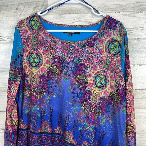 Calessa Asymmetrical Hem Colorful Boho Long Sleeve Layer Blouse Women’s Size XL - Picture 2 of 8